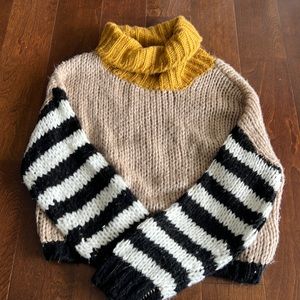Cowl Neck Sweater with Stripped Sleeves